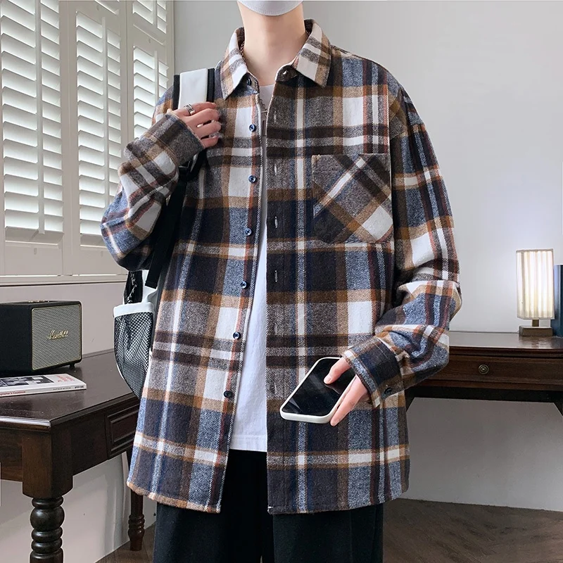 

Classic Plaid Long Sleeve Loose Fit Men's Shirt Thin Autumn Spring Outerwear Casual Style Polyester Cotton Blend Breathable