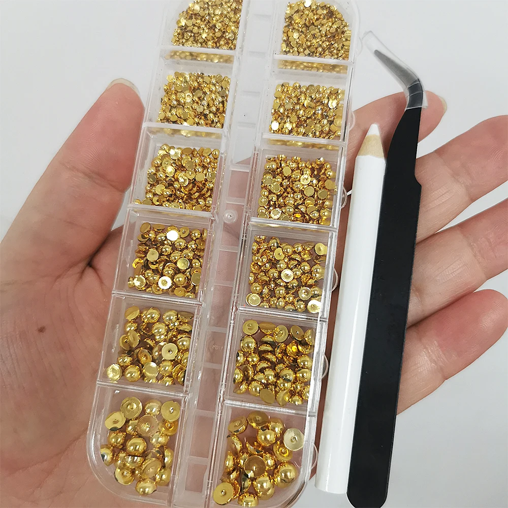 ثلاثية الأبعاد الخرز الذهبي مسمار الفن زينة مختلطة 2/3/4/5/6/8 مللي متر نصف جولة الذهب والمجوهرات/الكافيار/اللؤلؤ مسمار الراين DIY بها بنفسك مانيكير Supp
