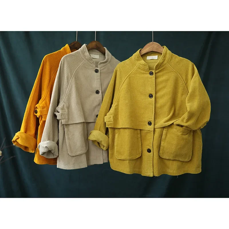 New Arrival Retro Short Stand Collar Long Sleeve Corduroy Jacket Autumn Striped Thick Yellow Female Coat Casual Loose Girls Tops