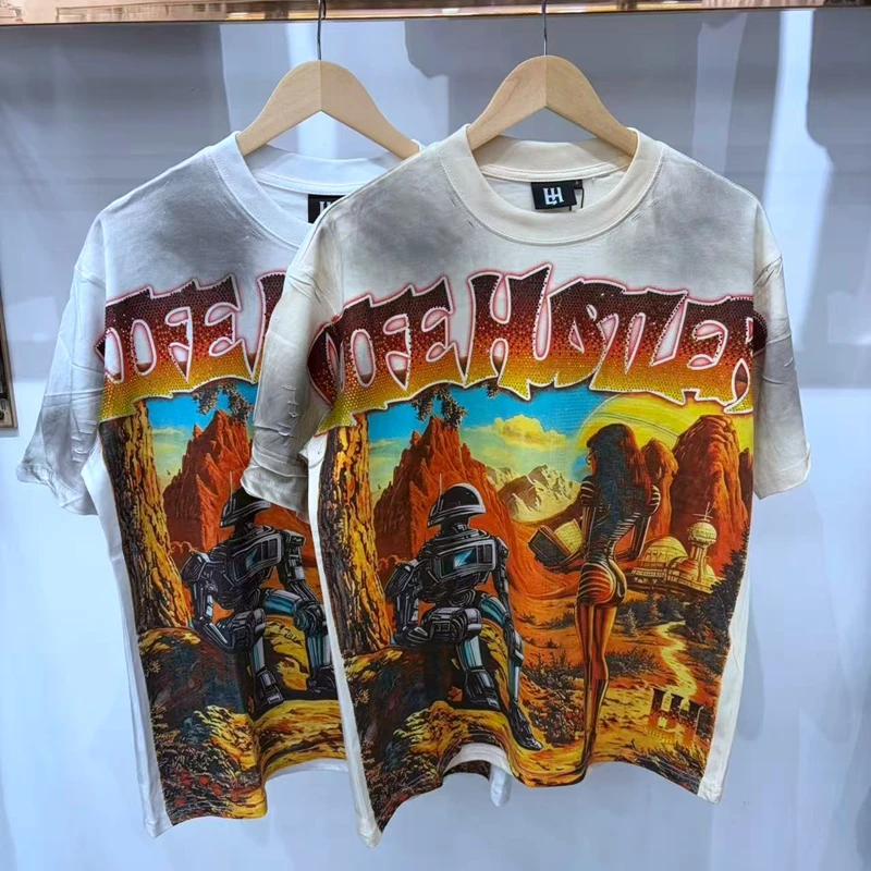 Unisex Oversize Personalisiertes Baumwoll-T-Shirt mit Retro-Wüstenroboter-Grafik für Herren, Strass-Bordüre, Verwaschener Look, Lässiges Tee-Shirt – Detail 2