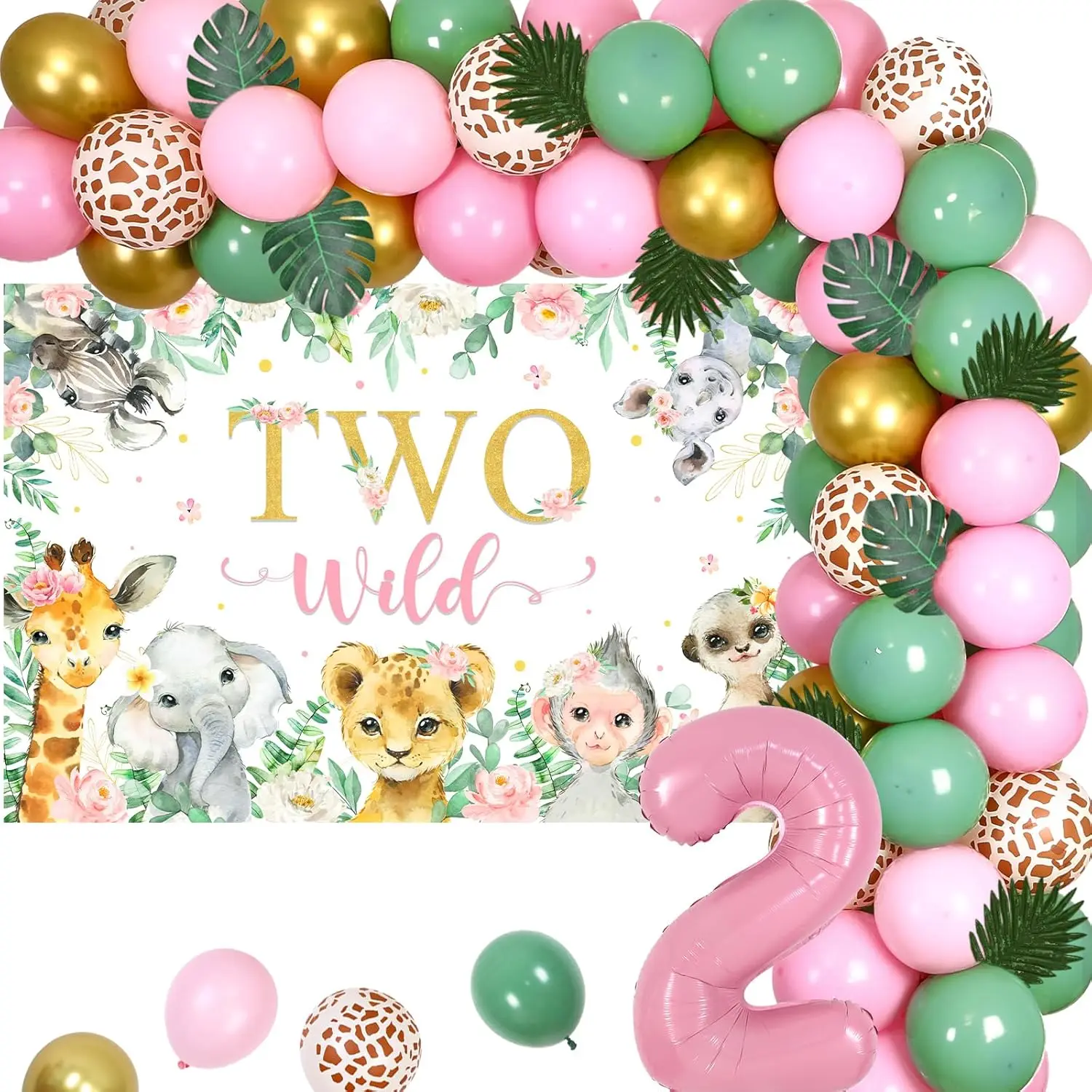 sursurprise Pink Safari 1st Birthday Decorations Jungle Theme Wild One Backdrop Pink Sage Green Balloon Forest Animal Balloons