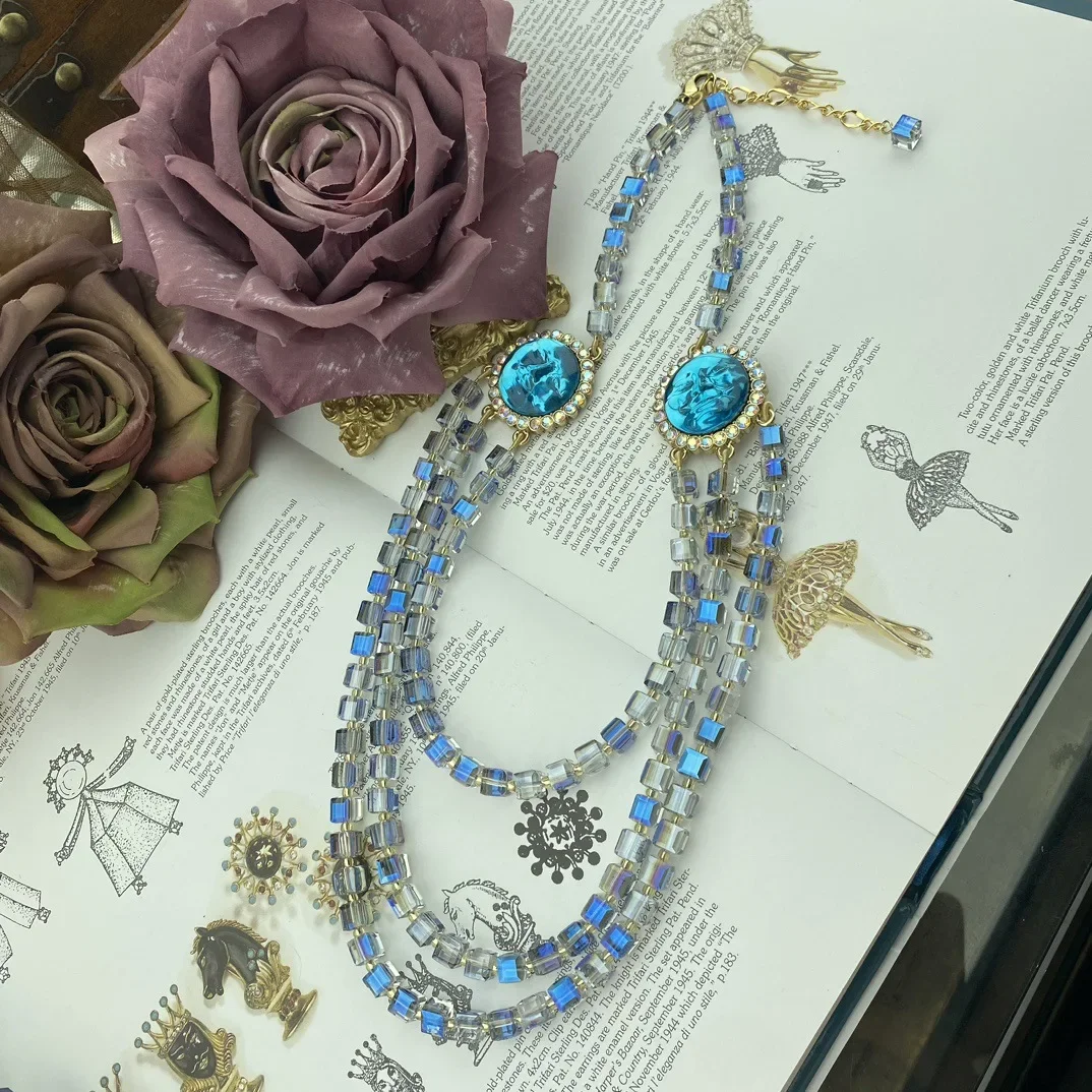 KF Fashion Retro Literature Classic Moen Face Pendant Set with Water Diamond Three Layer Blue Colorful Long Versatile Necklace