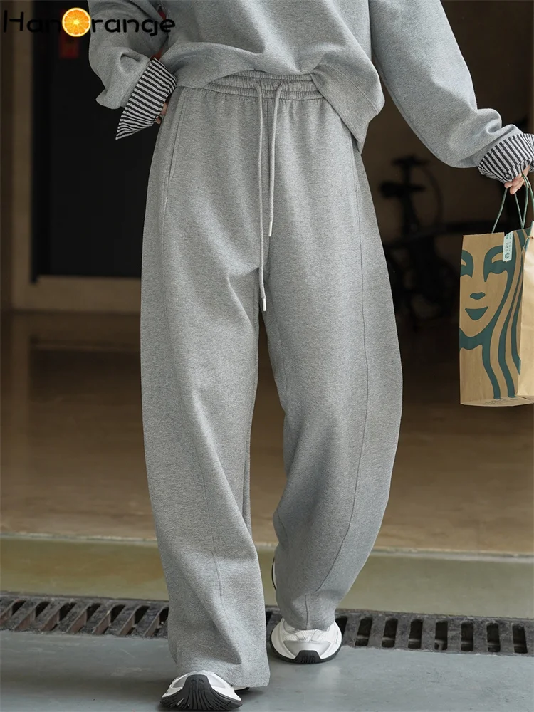 

HanOrange 2025 Autumn Simple Elastic Waist Drawstring Pants Women Loose Straight Tube Trousers Gray