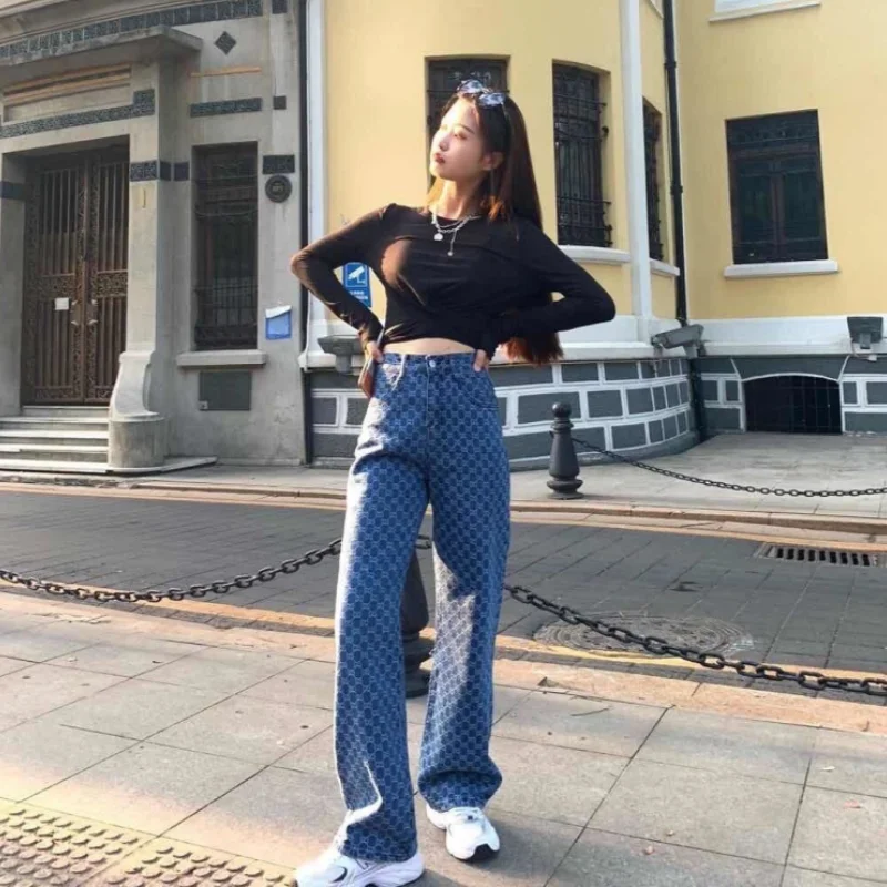 Women's Jeans Blue Spring Summer Ins Fashion New High-waist Loose Printed Embroidered Straight Jeans Wide-leg Denim Trousers Y2K