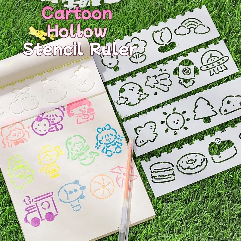 Cartoon Hollow Multi-Shape Stencil Ruler Drawing Template for Students DIY Art Craft Measuring Tool for Projects Handmade Cards