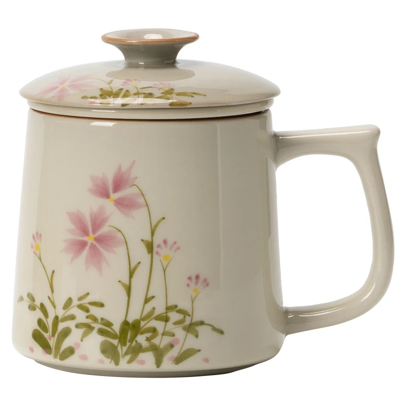 كوب تصفية وفصل الشاي بنمط الأزهار على الطراز الصيني، مع غطاء كوب بورسلين أبيض، كوب مكتب سيراميك لأدوات الشرب، قطعة واحدة #3