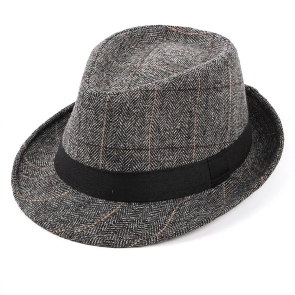 Mens Winter Autumn Jazz Hat British Plaid Fedora Warm Wool Cap Wide Brim Comfortable Adjustable Formal Casual Gentleman Hat