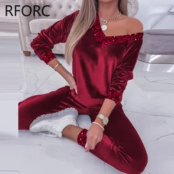 2023 Women Solid Sequins Patchwork V Neck Two Pieces Casual Pants Set