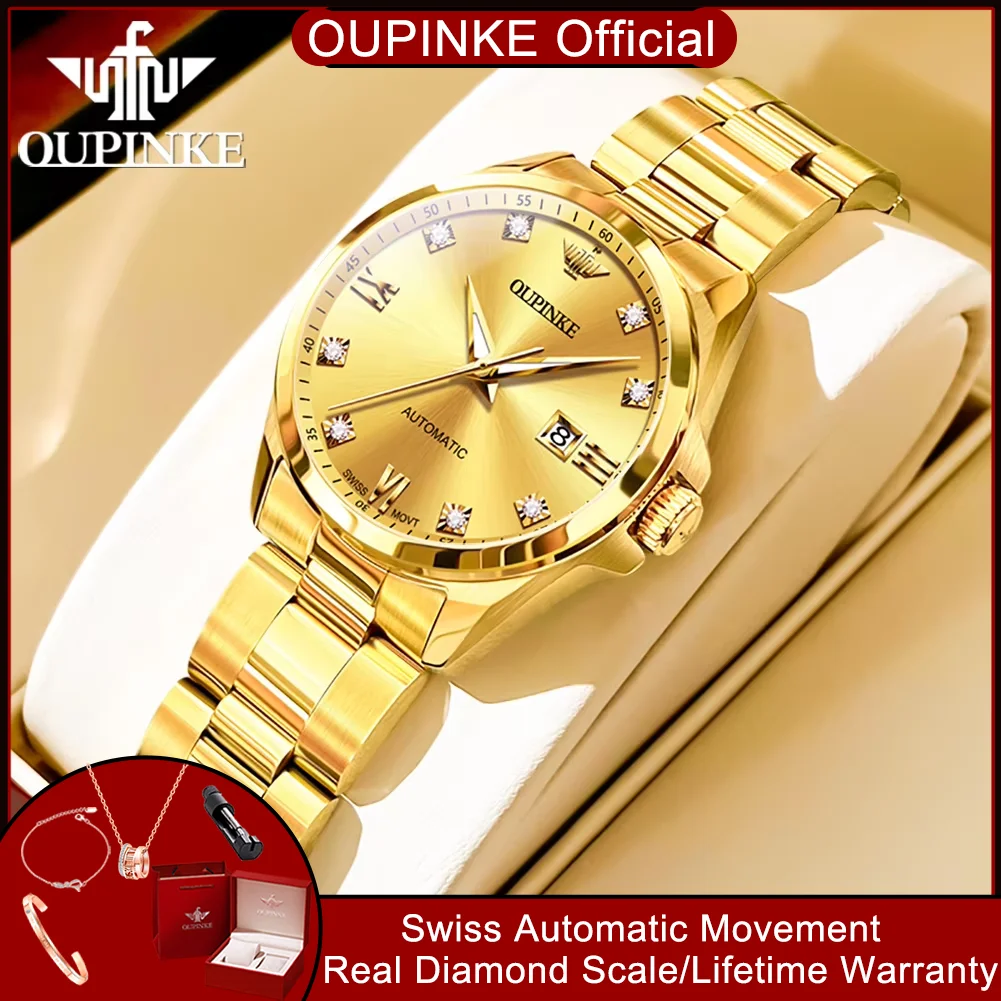 OUPINKE 3199 Swiss Movement Automatic Mechanical Watch for Women Auto Date Hand Clock Elegant Luxury Real Diamond Ladies Watches