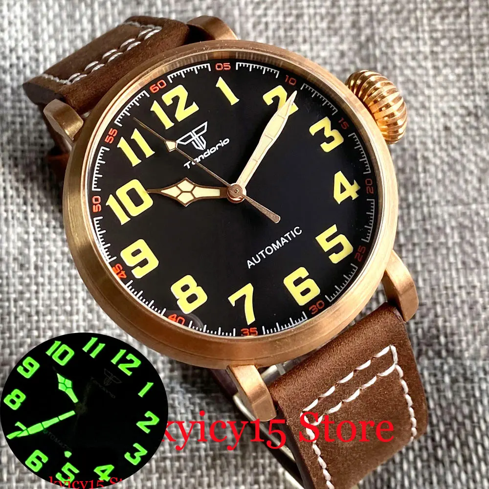 CUSN8 Solid Bronze Case 20ATM Waterproof 46.5MM NH35A PT5000 Movement Watch SelfWinding ForMen Leather Strap Black Dial Luminous