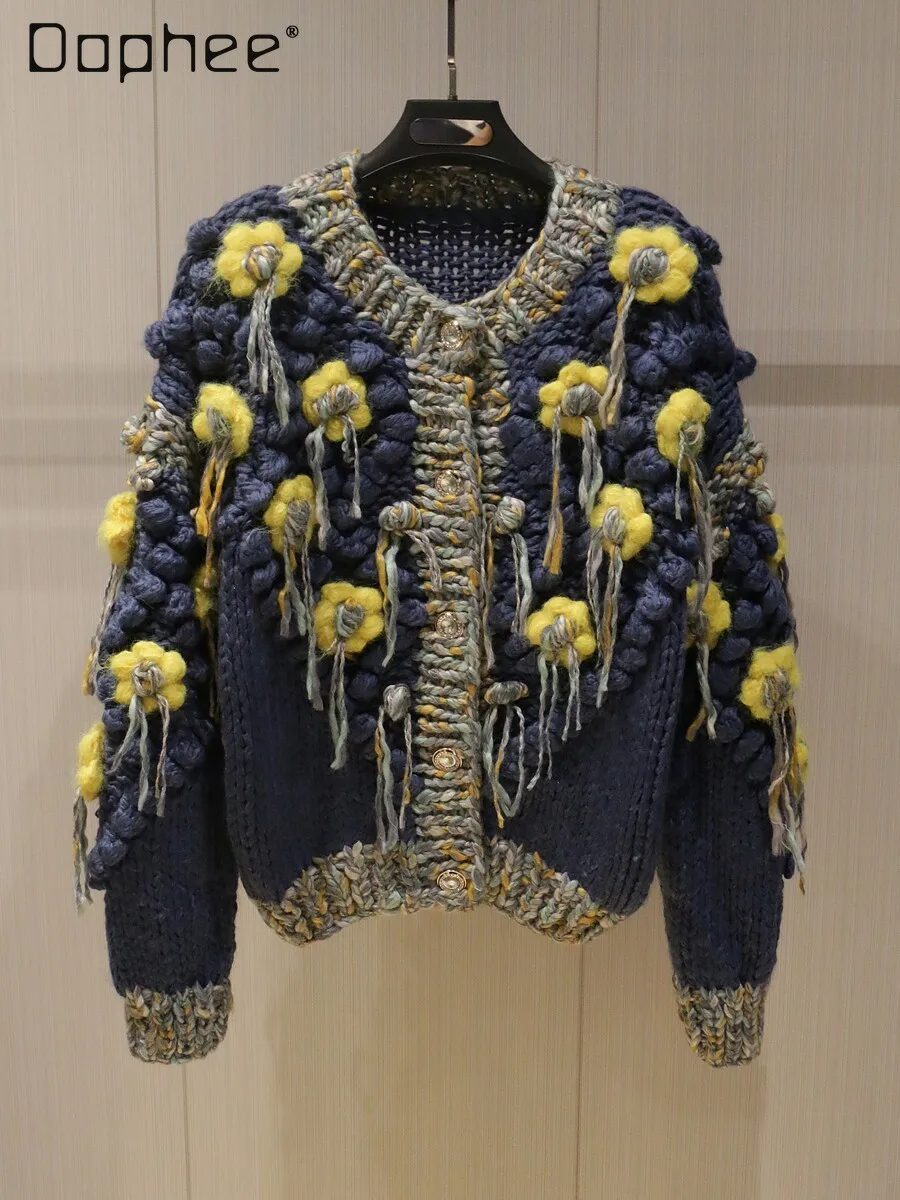 

High End Heavy Industry Loose Casual Knitted Cardigan Women Korea Chic Patchwork Color Round Neck Slim Cardigans Spring New