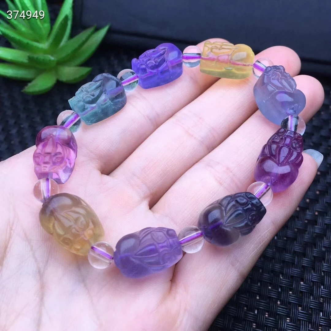 Natural Colorful Fluorite Clear Pi Xiu Carved Beads Bracelet 16x11mm Crystal Fluorite Women Men AAAAA