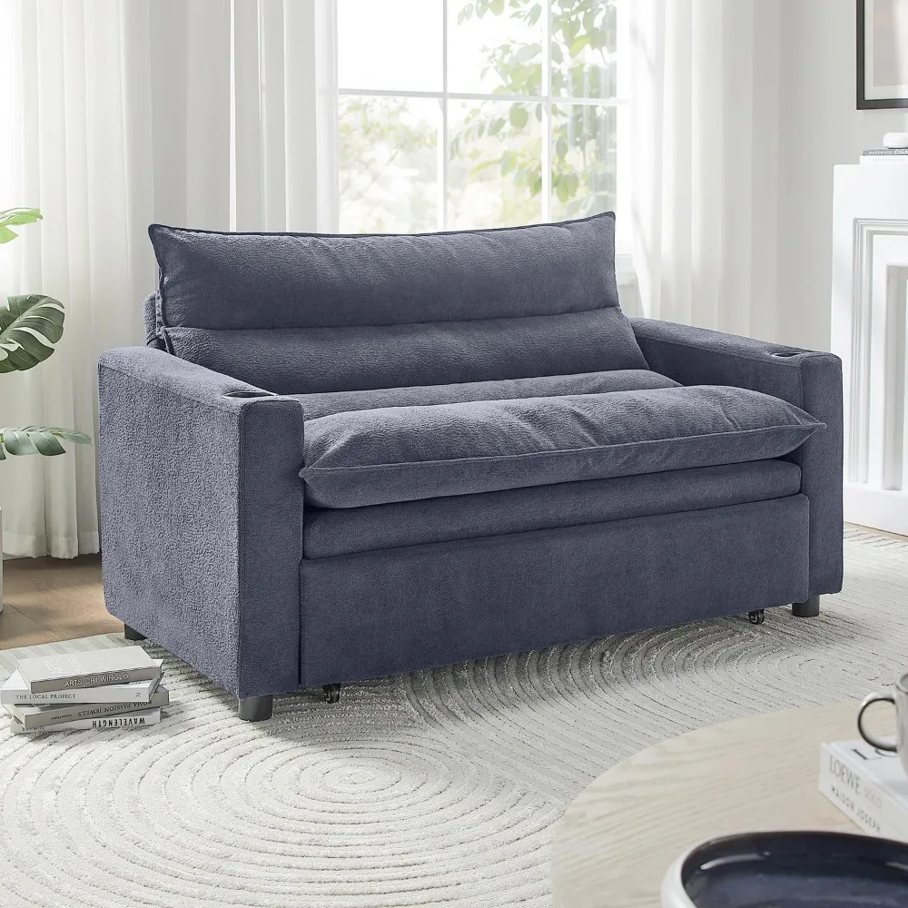 أريكة سرير قابلة للتحويل مقاس 56 بوصة، أريكة نوم مع سرير قابل للسحب، أريكة فوتون 3 في 1 مع مسند ظهر قابل للاستلقاء وحامل أكواب، حديث