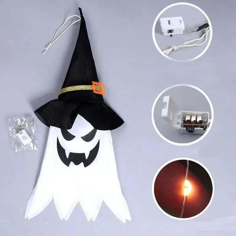 LED Halloween Decoration Flashing Light Gypsophila Ghost Festival Dress Up Glowing Wizard Ghost Hat Lamp Horror Hanging Decor