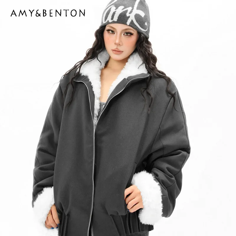 

American Plush Unisex Thickened Warm Jacket 2025 Autumn Winter New Gray Loose Sweet Cool Stand Collar Fashion Jackets Ladies