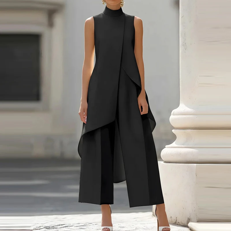 

Summer Solid Color Chiffon Commute Sets Elegant Irregular Hollow Out 2 Piece Fashion Design Style Sleeveless Tops And Pants Sets