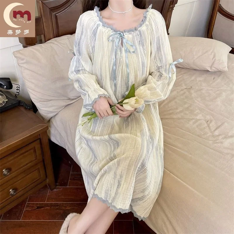 100% Cotton Pajamas Female Spring and Autumn Long Sleeve Kawaii Can Be Worn Outside Loose Solid Color Summer Dress