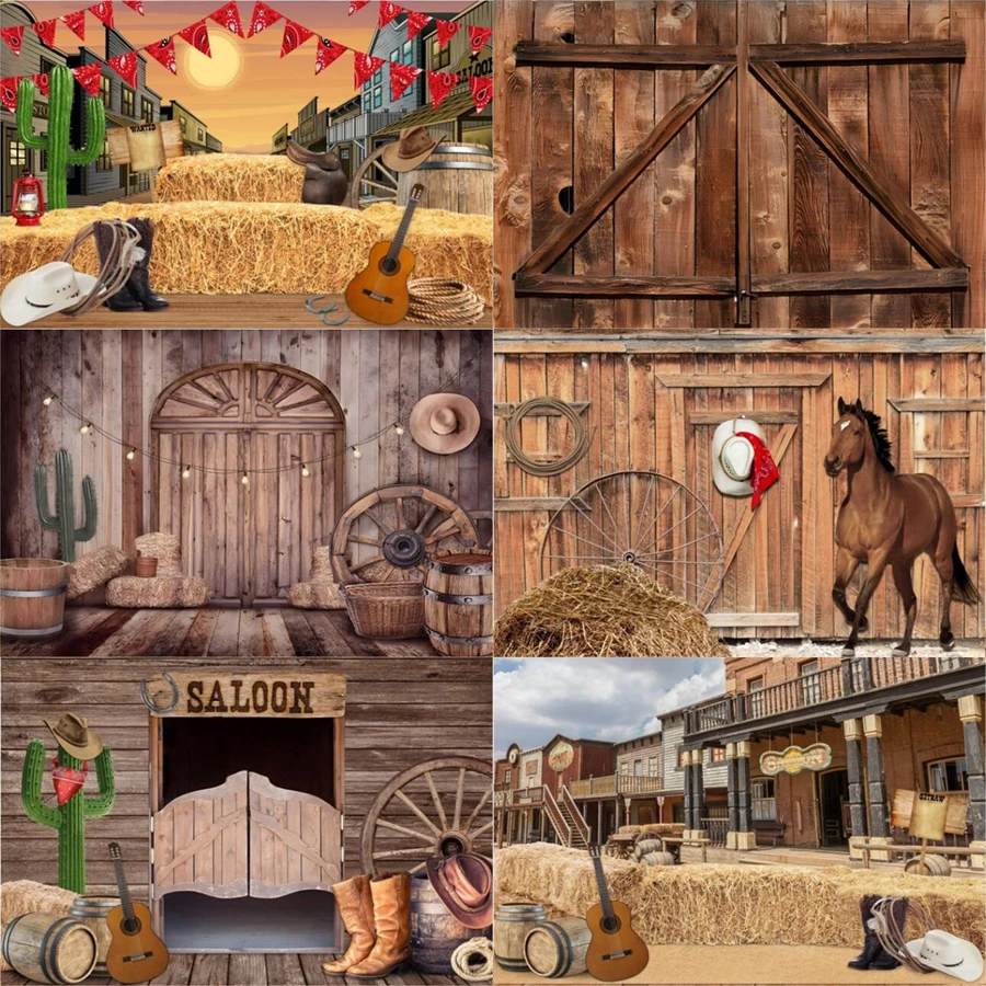 Photography Backdrop Farm Barn Wooden Door Warehouse Field Haystack Horse Poster Portrait Western Cow Boy Scenery Background