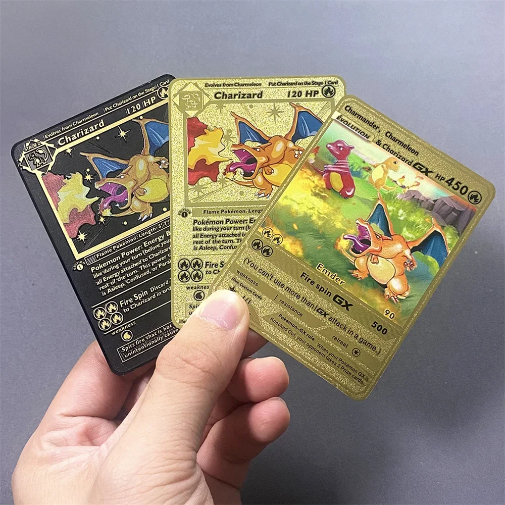 New 2024 Pokemon Metal Card English Anime Charizard Arceus Mewtwo Blastoise Vmax GX V Letters Game Collection Cards Kid Toy Gift