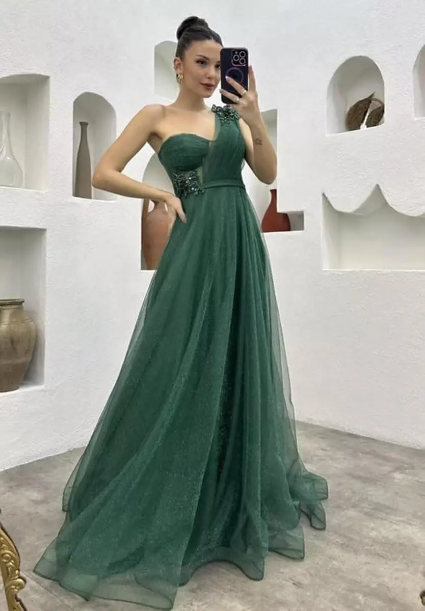 

Women’s A Line One Shoulder Bridesmaid Dress, Appliques Long Tulle Formal Evening Party Gown with Sweep Train