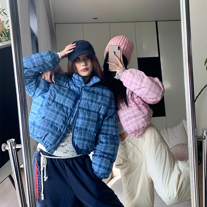 Coreano xadrez inverno inchado casaco feminino manga longa rua zip parkas jaqueta grossa quente estilo preppy casual outwear
