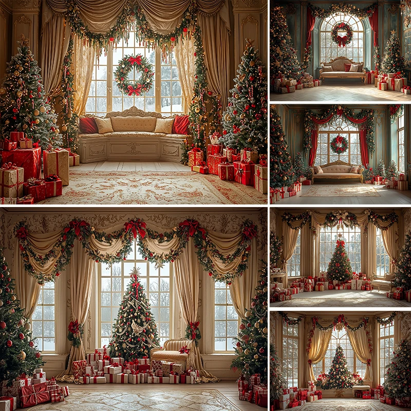 

LS Photography Backdrops Christmas Tree Window Garland Room Decoration Family Xmas Holiday Photo Background For Photography