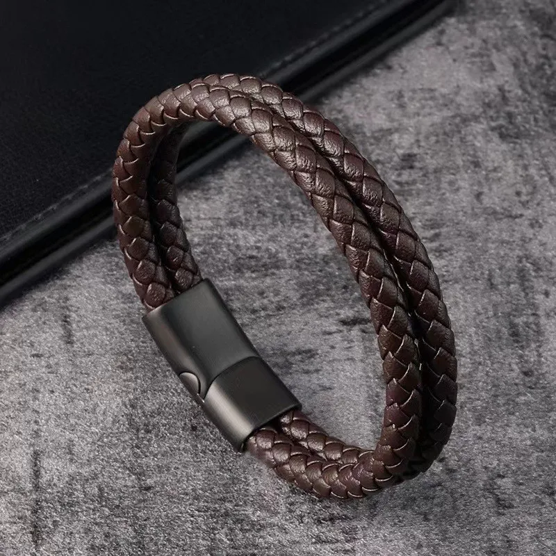 Men's Handwoven Leather Bracelet | Classic Double-Layer Wristband for Men | Casual & Formal Wear | Ideal Gift for Him
