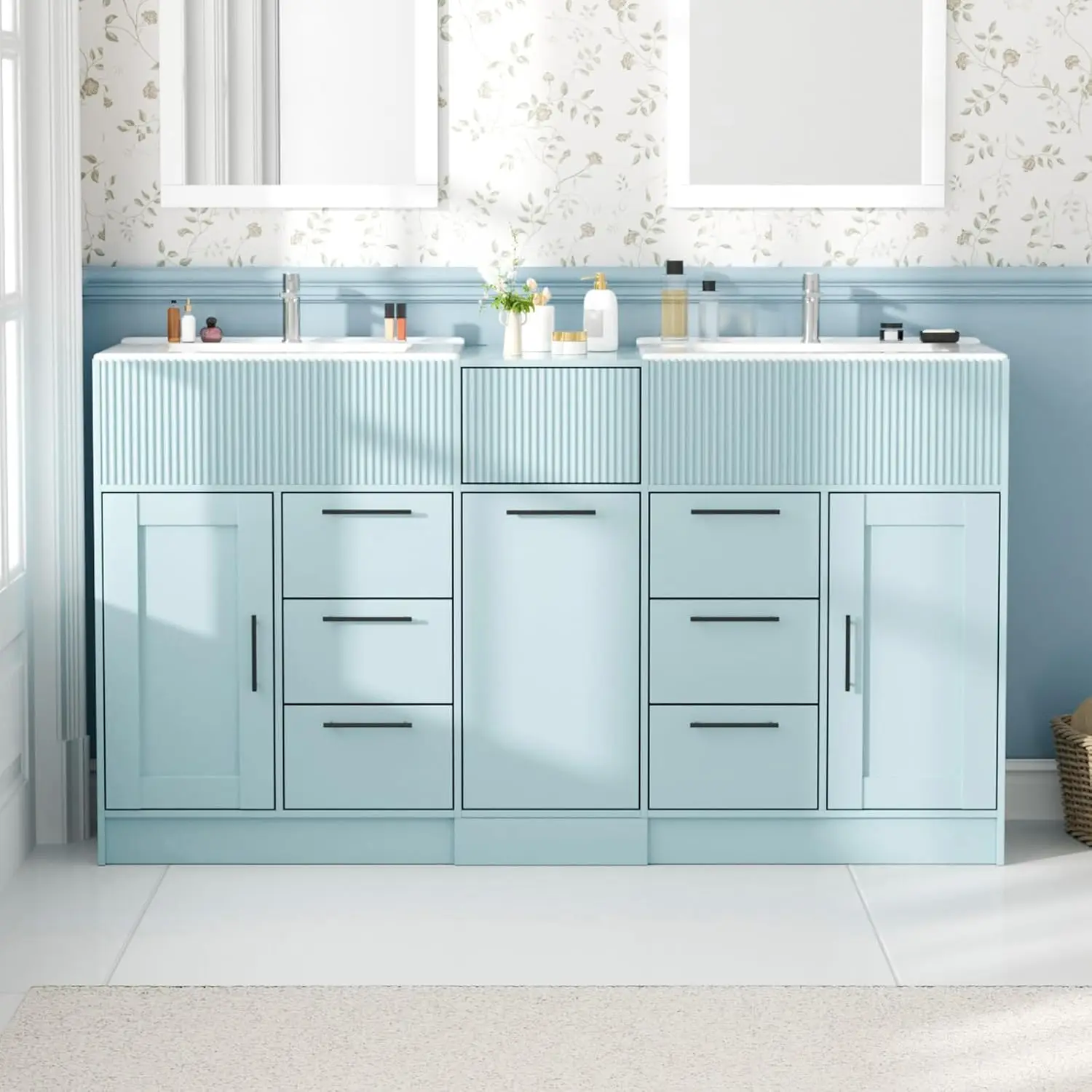 

60 Inch Bathroom Vanity with Double-Sink, Freestanding Modern Bathroom Vanity Cabinet with Ceramic Basin, Storage, Customized