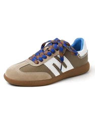 NEW 2025 Women Splicing Sneakers Spring Autumn Ladies Lace Up Patchwork Flat Shoes Round Toe Apricot-White Blue-Brown Shoes