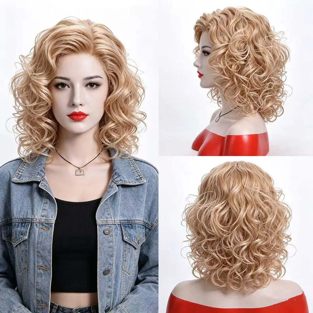 

16 Inch Blonde Curly Wig for Women with Bangs Synthetic Heat Resistant Natural Wave Shoulder Length Daily Wear Hair Wig