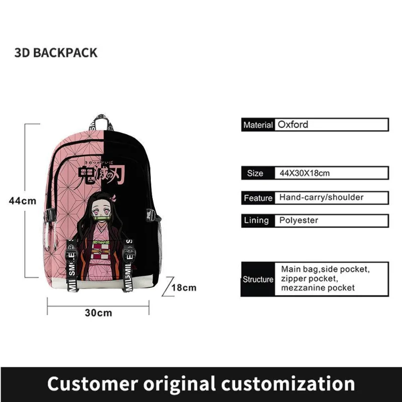 Anime Demon Slayers Backpack Kimetsu No Yaiba Cartoon Kawaii Nezuko Print 3D Schoolbag Large Capacity Student Sport Bag Kid Gift