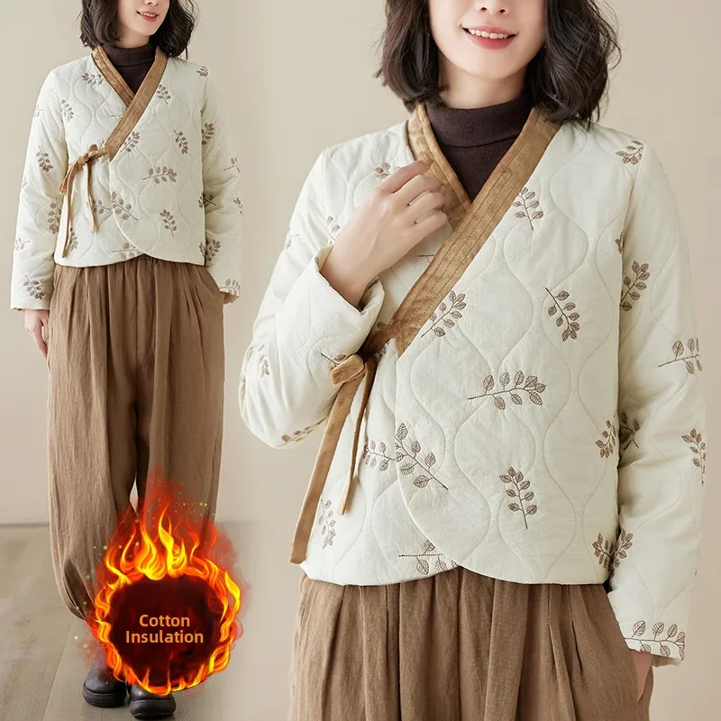 

Ретро-куртка из хлопка с вышивкой, короткая, с V-образным вырезом, утепленная, с наполнителем из утиного пуха, в китайском стиле, с боковыми пуговицами, омолаживающий эффект