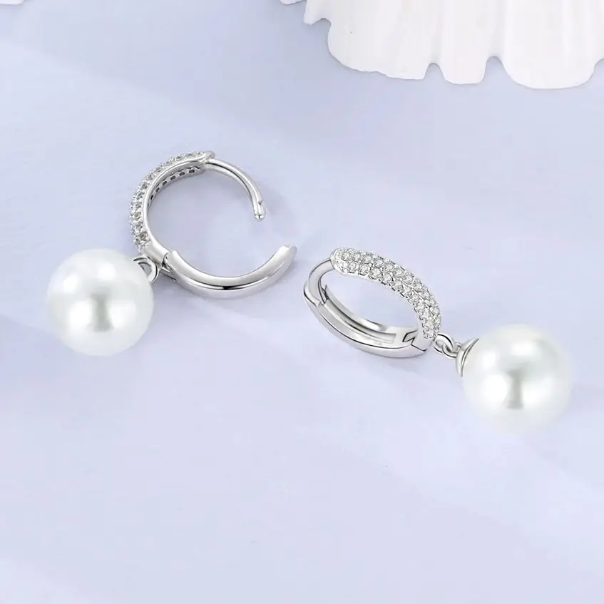 925 Sterling Silver Earring Classic Round Pearl For Woman Date Party Girls Pendant Earring Fashion Jewelry Gift
