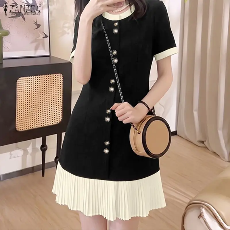 ZANZEA Damen-Kleid, elegant, farblich abgesetzt, Minikleid, Sommer, O-Ausschnitt, kurze Ärmel, Knopfleiste, plissierter Saum, A-Linien-Kleider, müheloses Vestido