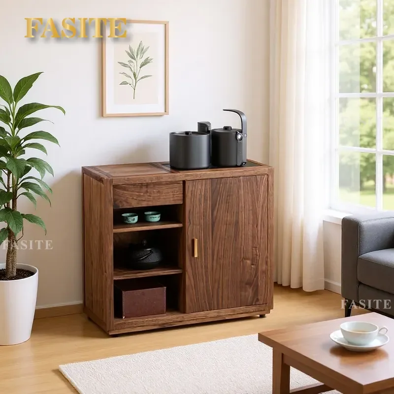 For North American Black Walnut Mobile Tea Cabinet Kettle Integrated Side Table Living Room Coffee Station Storage Rack