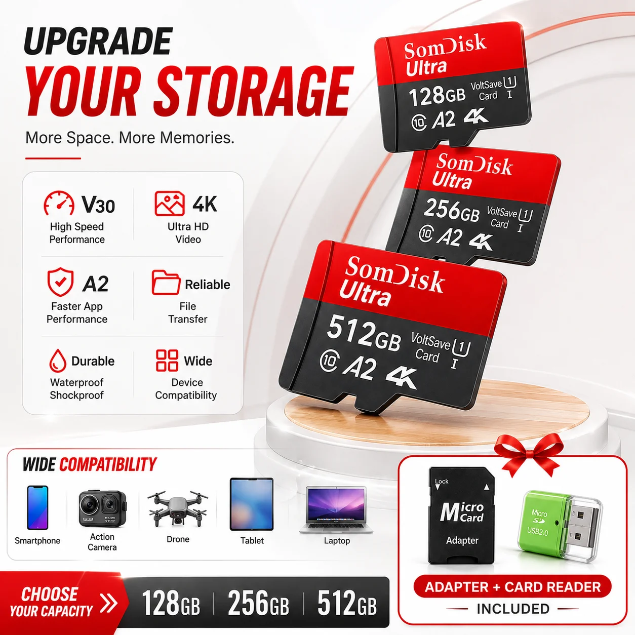 128gb Micro SD Card Durable Large Memory TF Card Class10 U3 High Speed Memory Card for Video Storage Data Backup Phone