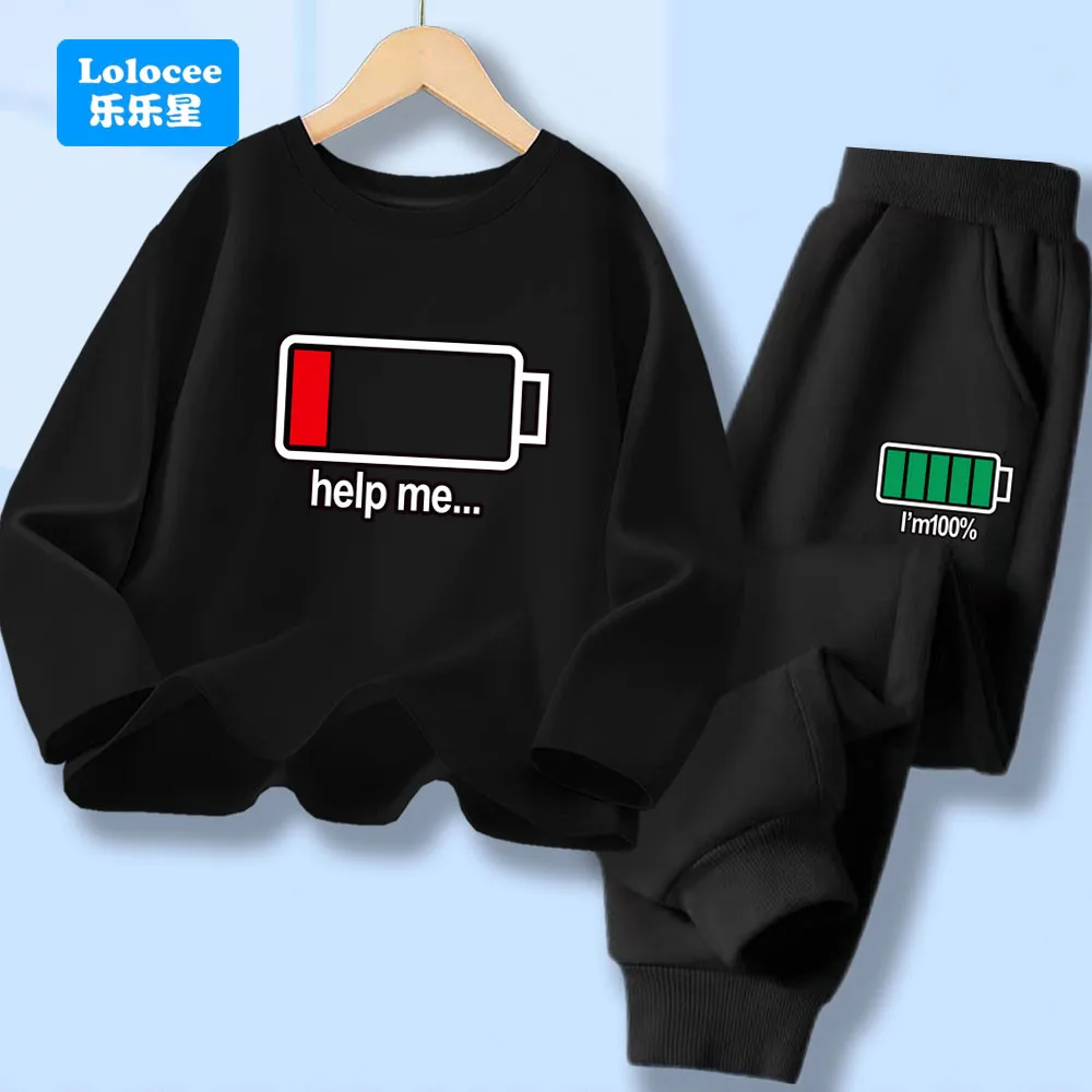 Boys 2 Piece Tracksuit Funny Battery Letter Print Long Sleeve T Shirt And Pants Kids Autumn Casual Outfit