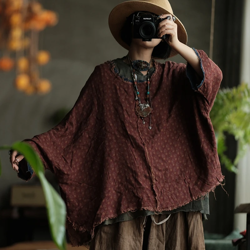 

100% Cotton Women Casual T-shirt New 2025 Autumn Vintage Style O-neck Polka Dot Loose Female Batwing Sleeve Tops Tees M1926