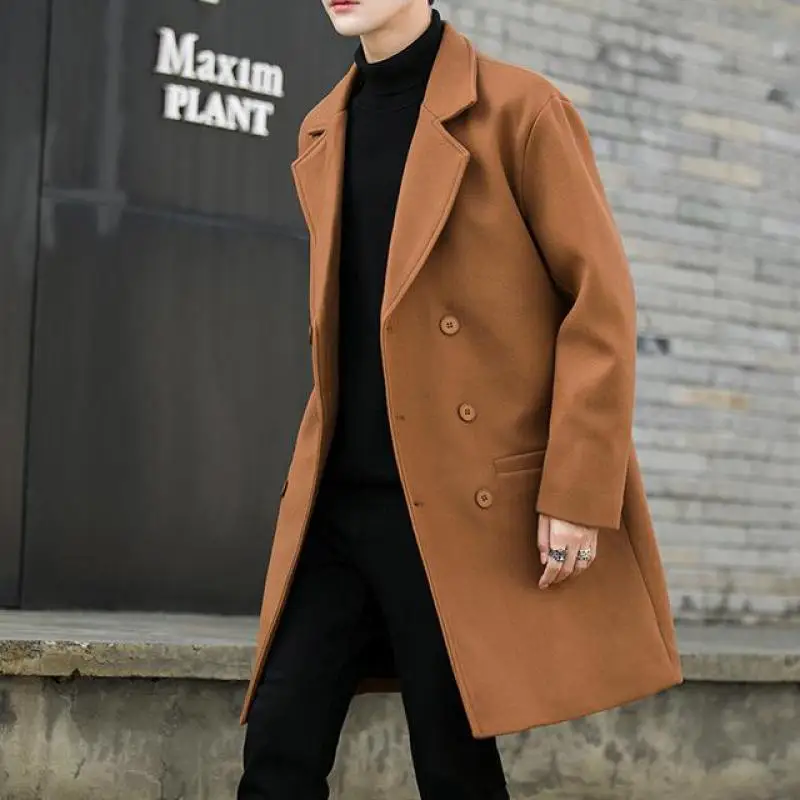 

Stylish Korean Fashion Khaki Woolen Long Trench Coats Mens Long Jakets Winter 2022 Double Breasted Elegant Overcoats Gentleman