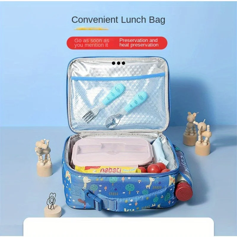 New Portable Lunch Box Bag Blue Giraffe Pattern Lunch Bag Waterproof Insulation Lunch Box Bag Large Capacity Lunch Bag