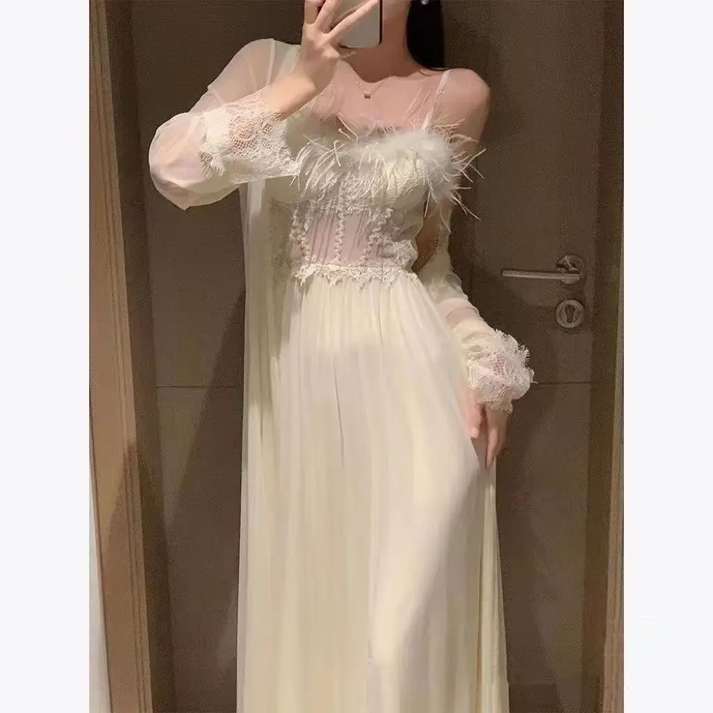 2023 spring summer new dressing gown women's feather sexy suspender fashion nightgown long ice silk high-end pajamas aesthetic