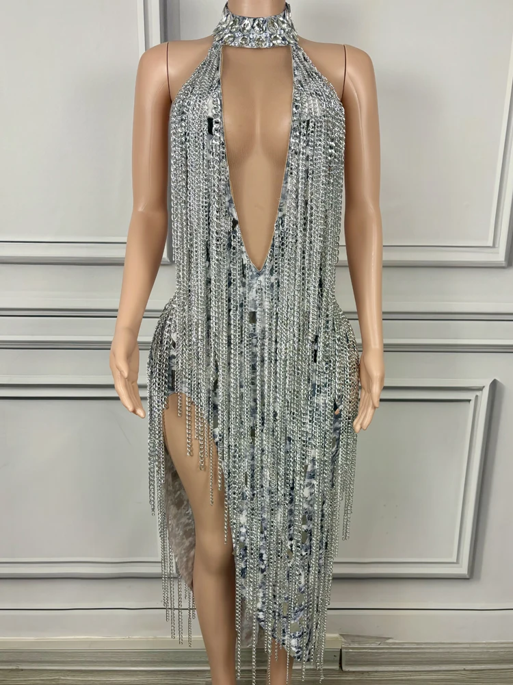 Sexy Backless High Side Slit Silver Chain Tassels Women Dress Photo Shoot Night Bar Party Wear Show Sing Dance Stage Costume