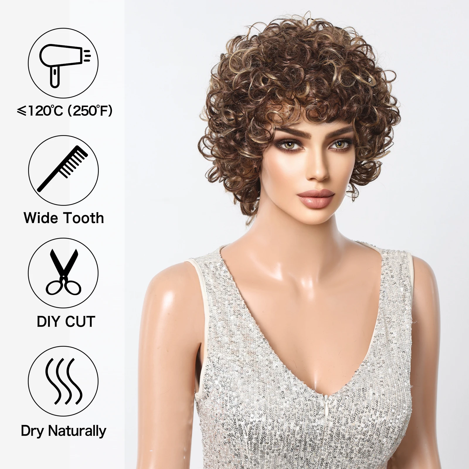 Human Hair Wigs Kinky Curly Short Bob Human Hair Wigs Machine Made Glueless Natural Wigs for Women Brown Mixed Golden Remy Hairs