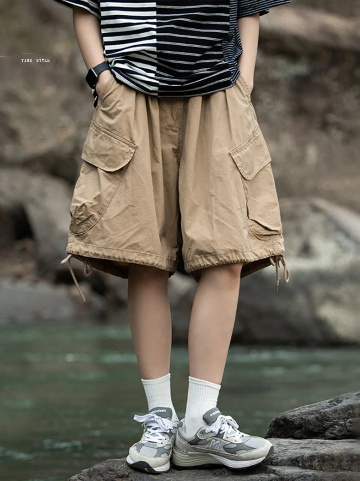 

Summer Khaki Workwear ort Pants Men's Trendy Loose Straight Leg Big ket Dstring Wide Leg Five-Quarter Casual Trousers