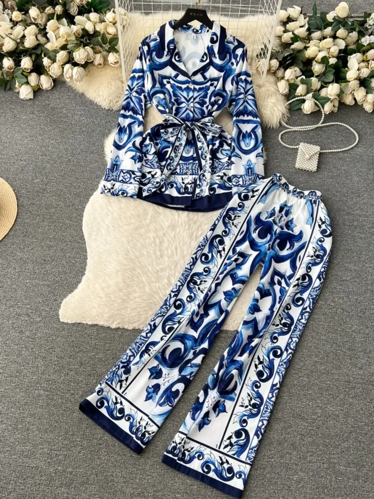 Hikigawa Chic Fashion Women 2 Sets Vintage Casual Print Bandage Slim Waist Shirts Top + High Wasit Straight Pants Trousers Mujer