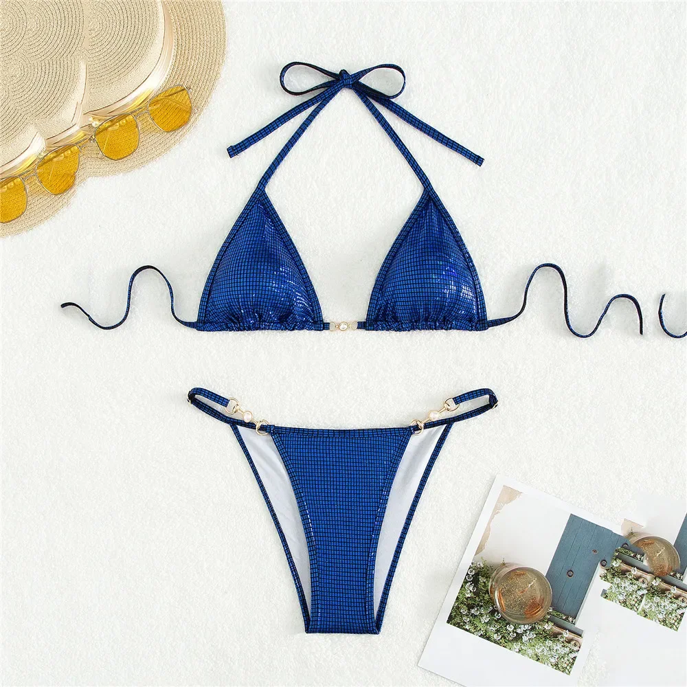 

Blue Plaid Shiny Swimwear String Halter Triangle Bikinis Sets Micro Thong Sexy Swimsuit Women 2025 Bather Bikini Mujer Biquinis