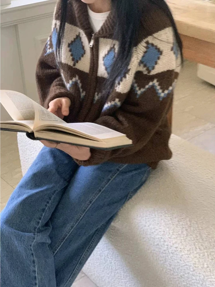 Retro malha flor padrão zíper aberto cardigan feminino solto casual versátil outerwear longo sve comprimento regular