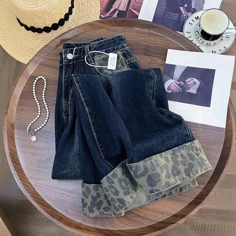 Retro Leopard Print Rolled Edge Blue Jeans Women American High Waist Wide Leg Denim Pants 2025 New Straight Loose Full Trousers