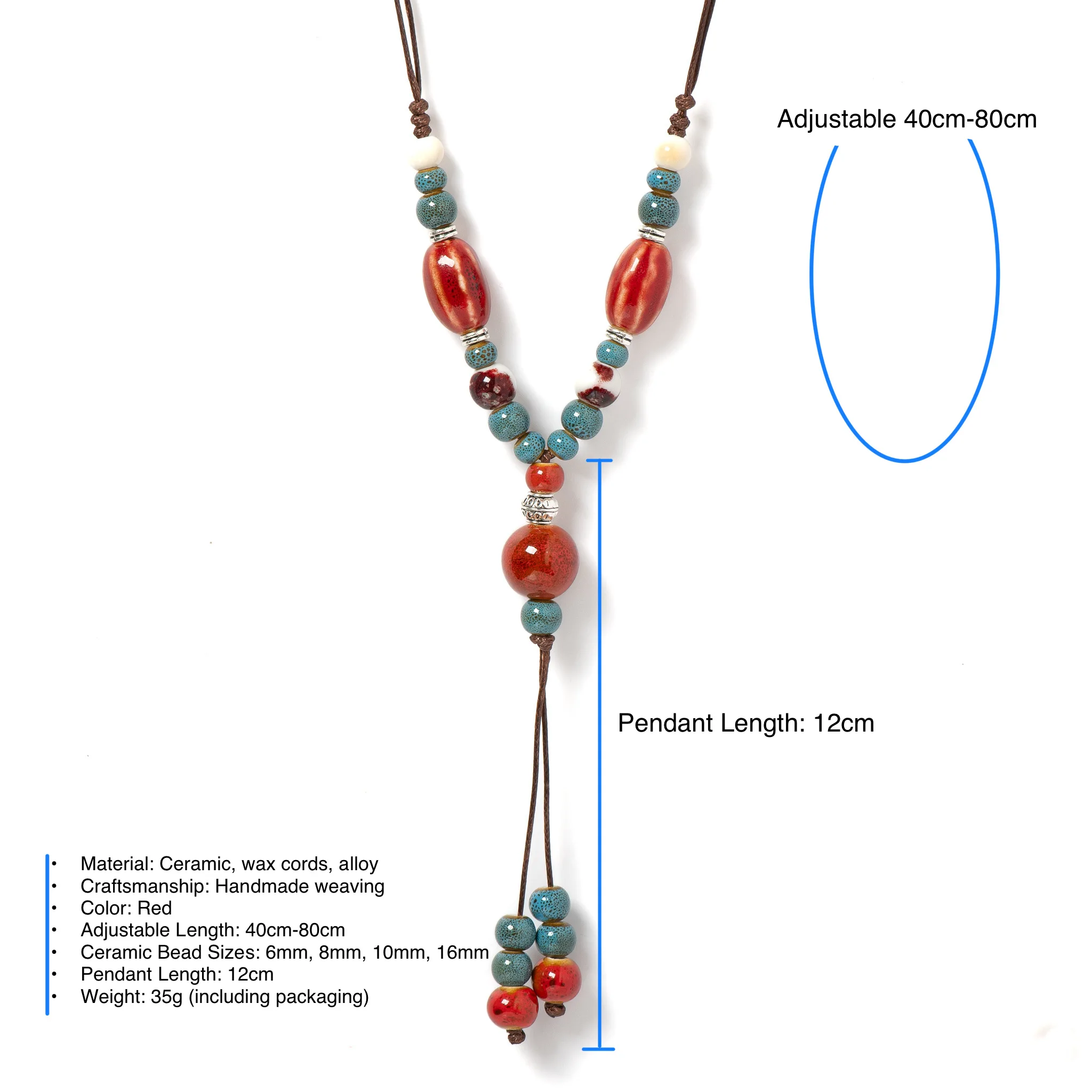Handmade Red Long Watermelon Ceramic Necklace Vintage Pendant Jewelry Adjustable Fashion Accessory for Women Gifts 1115