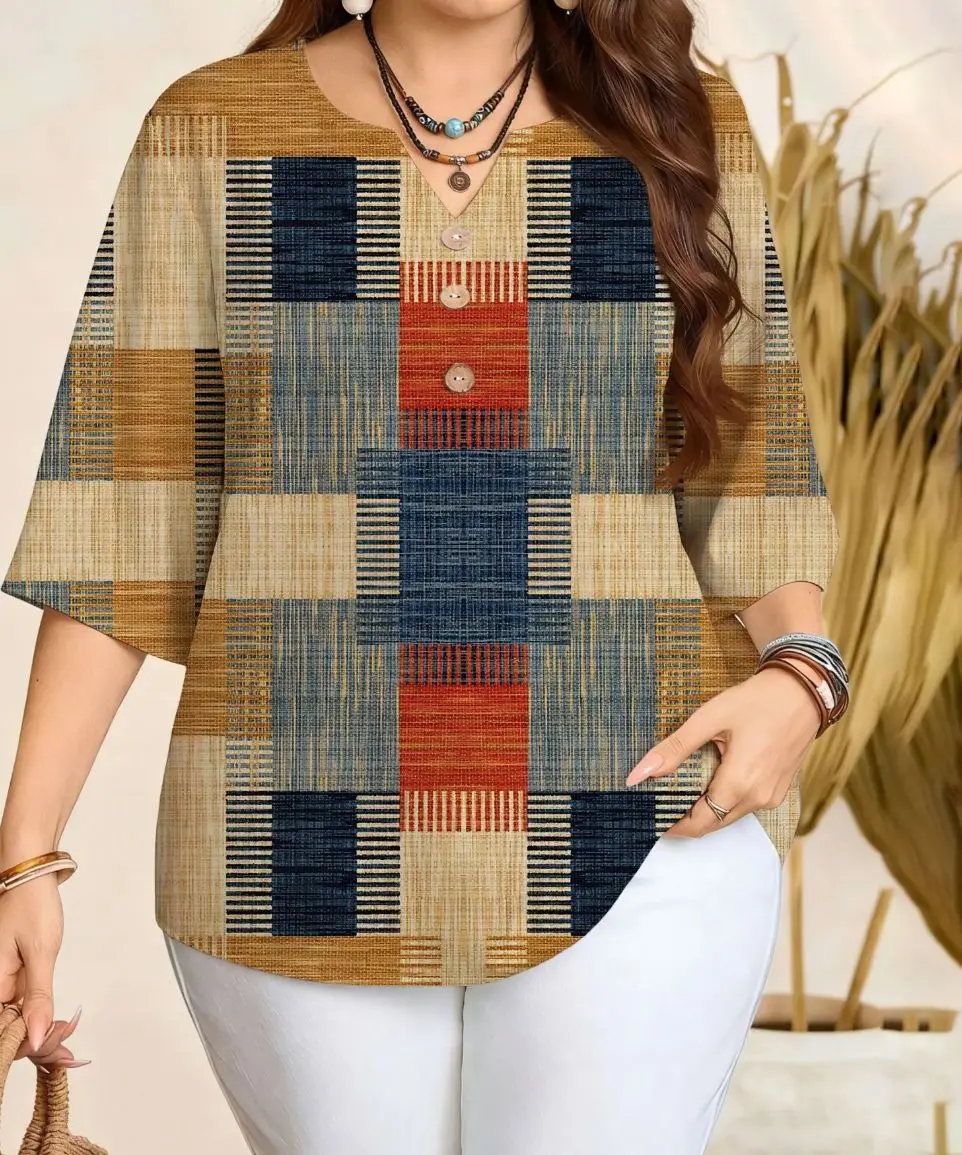 5 Styles Vintage Plaid & Ink Crane Floral Border Blouses Notch V Neck 3/4 Sleeve Plus Size Women Casual Tops